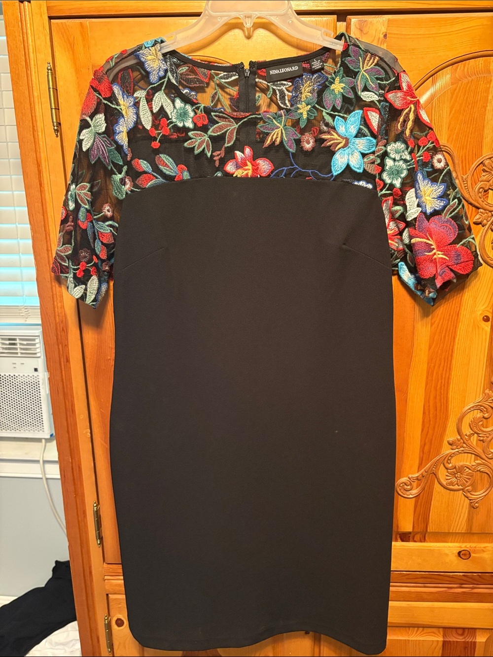 Nina Leonard Black Mini Dress with Multicolor Floral Embroidered Yoke